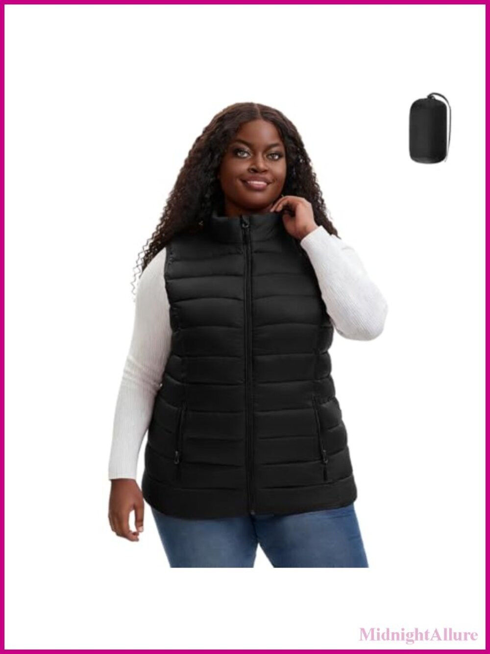 Plus Size Puffer Vest Packable Stand Collar Zip Pockets Quilted